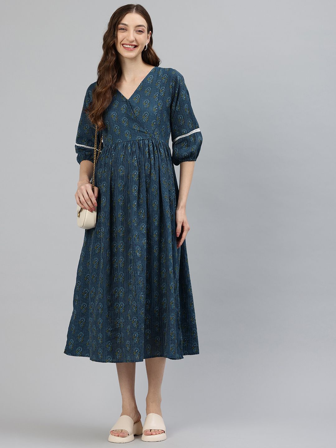 

Swishchick Women Ethnic Motifs Print V-neck Empire Midi Dress, Blue
