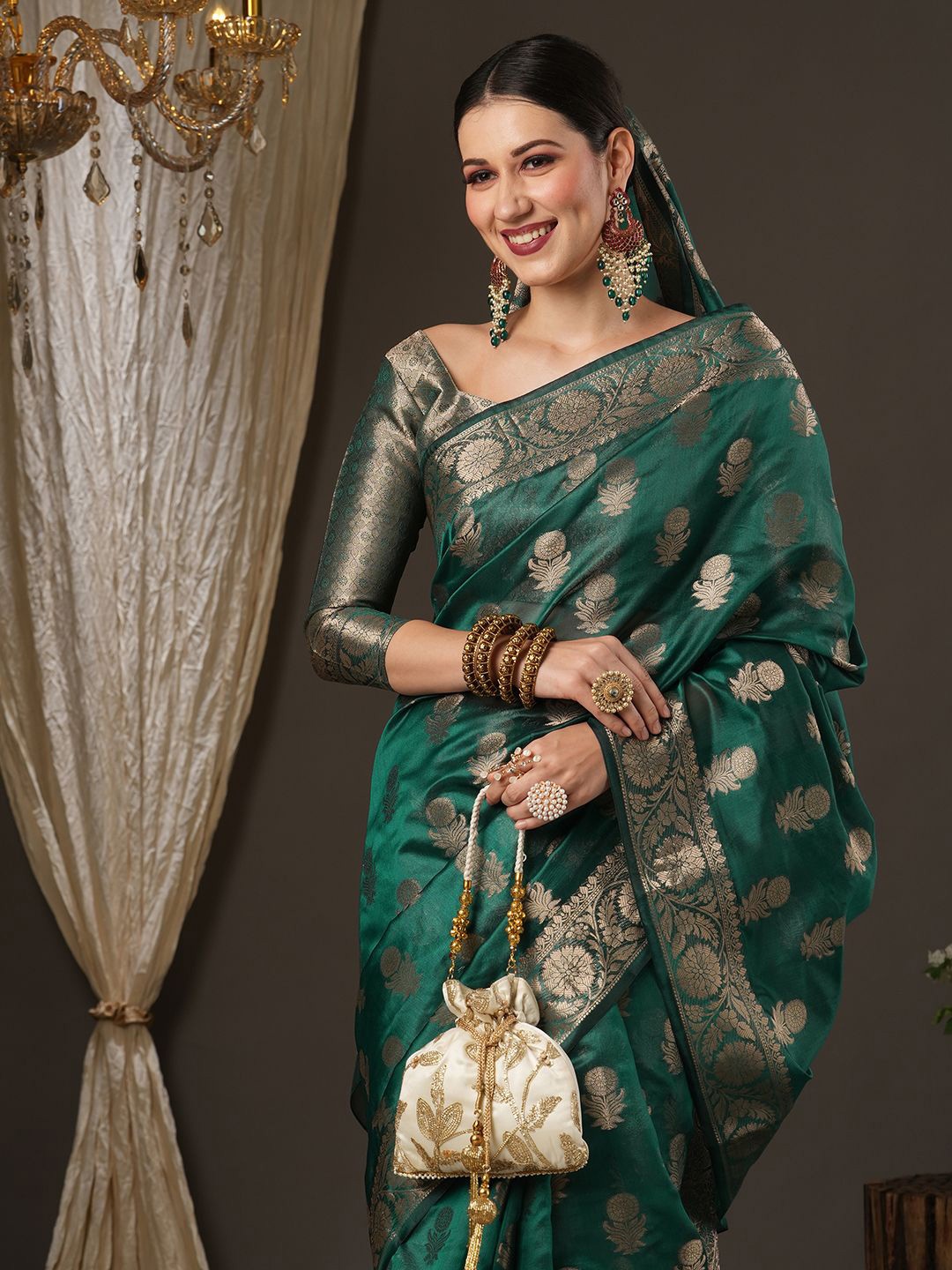 

Mitera Woven Design Zari Bagh Saree, Teal