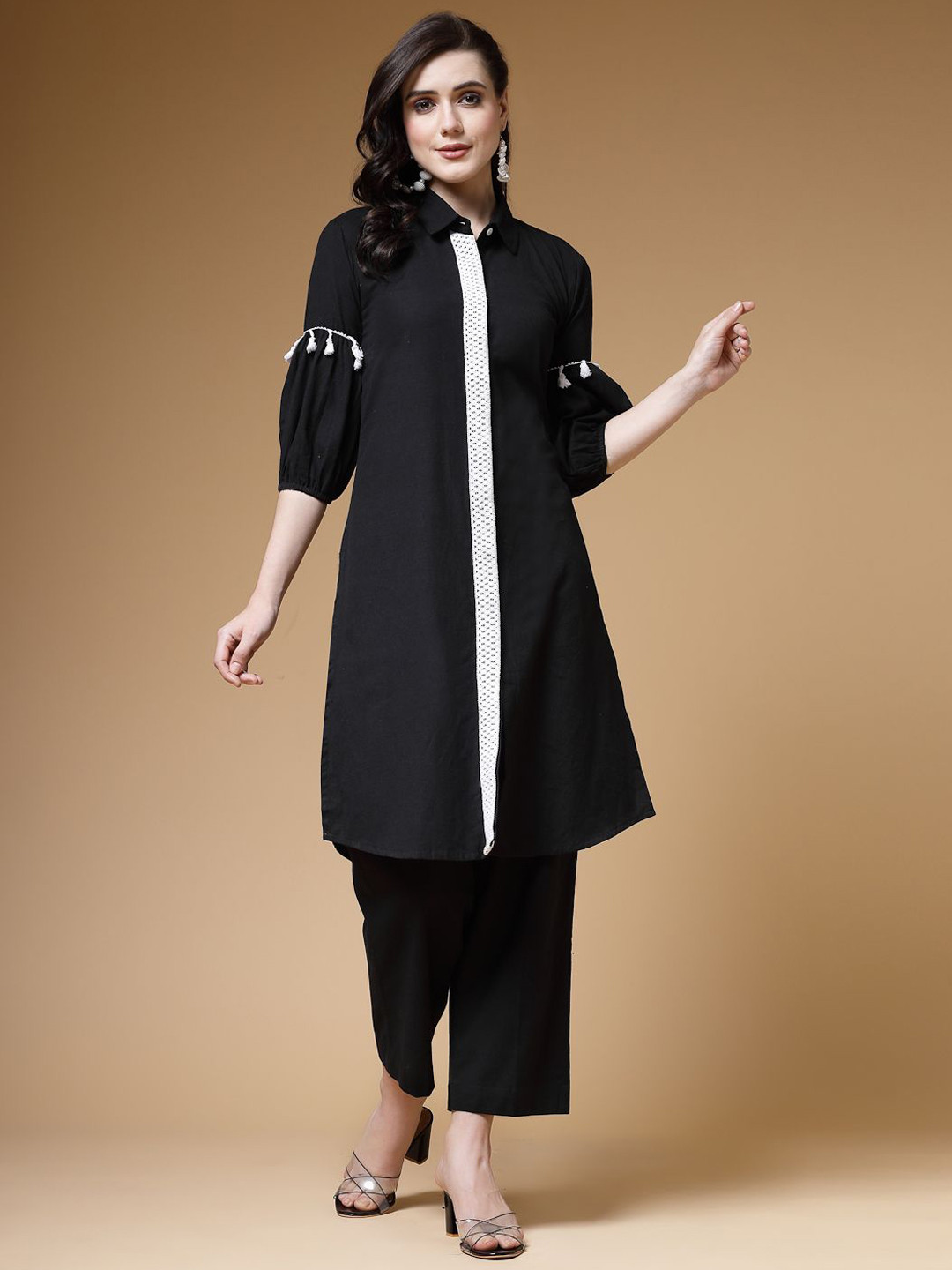 

Indibelle Shirt Collar Puff Sleeves Thread Work Cotton Straight Kurta, Black