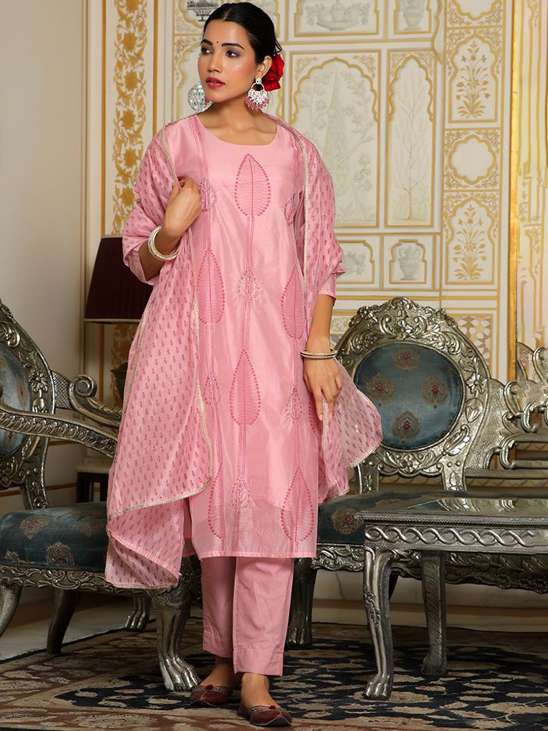 

VAASVA JAIPUR Printed Chanderi Silk Straight Kurta with Trousers & With Dupatta, Pink