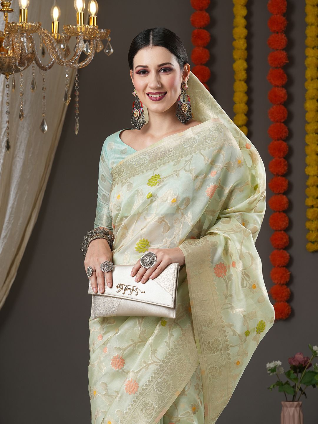 

Mitera Ethnic Motif Zari Woven Chanderi Saree, Sea green
