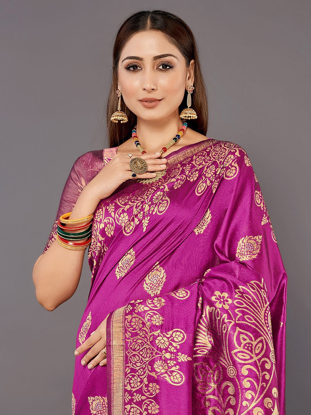 

Mitera Woven Ethnic Motif Zari Woven Banarasi Saree, Purple