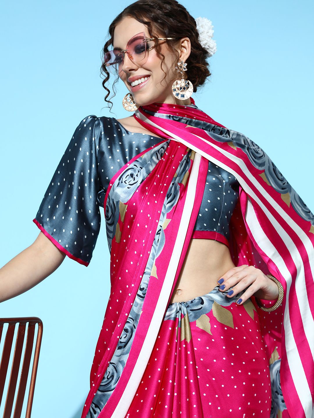 

Mitera Batik Polka Dot Floral Saree with Blouse, Grey