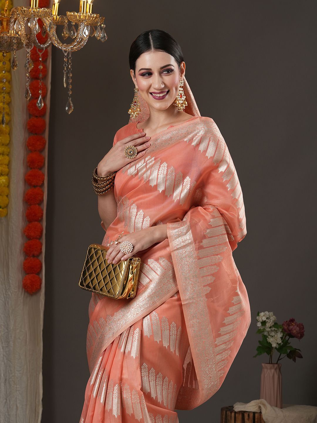 

Mitera Ethnic Motifs Zari Woven Organza Chanderi Saree, Peach