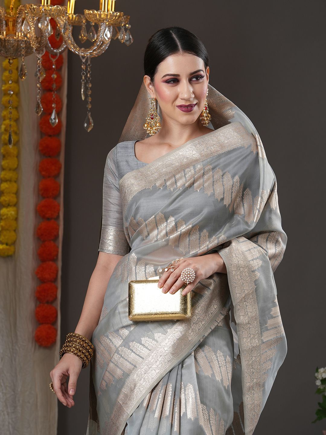 

Mitera Ethnic Motif Zari Woven Chanderi Saree, Grey