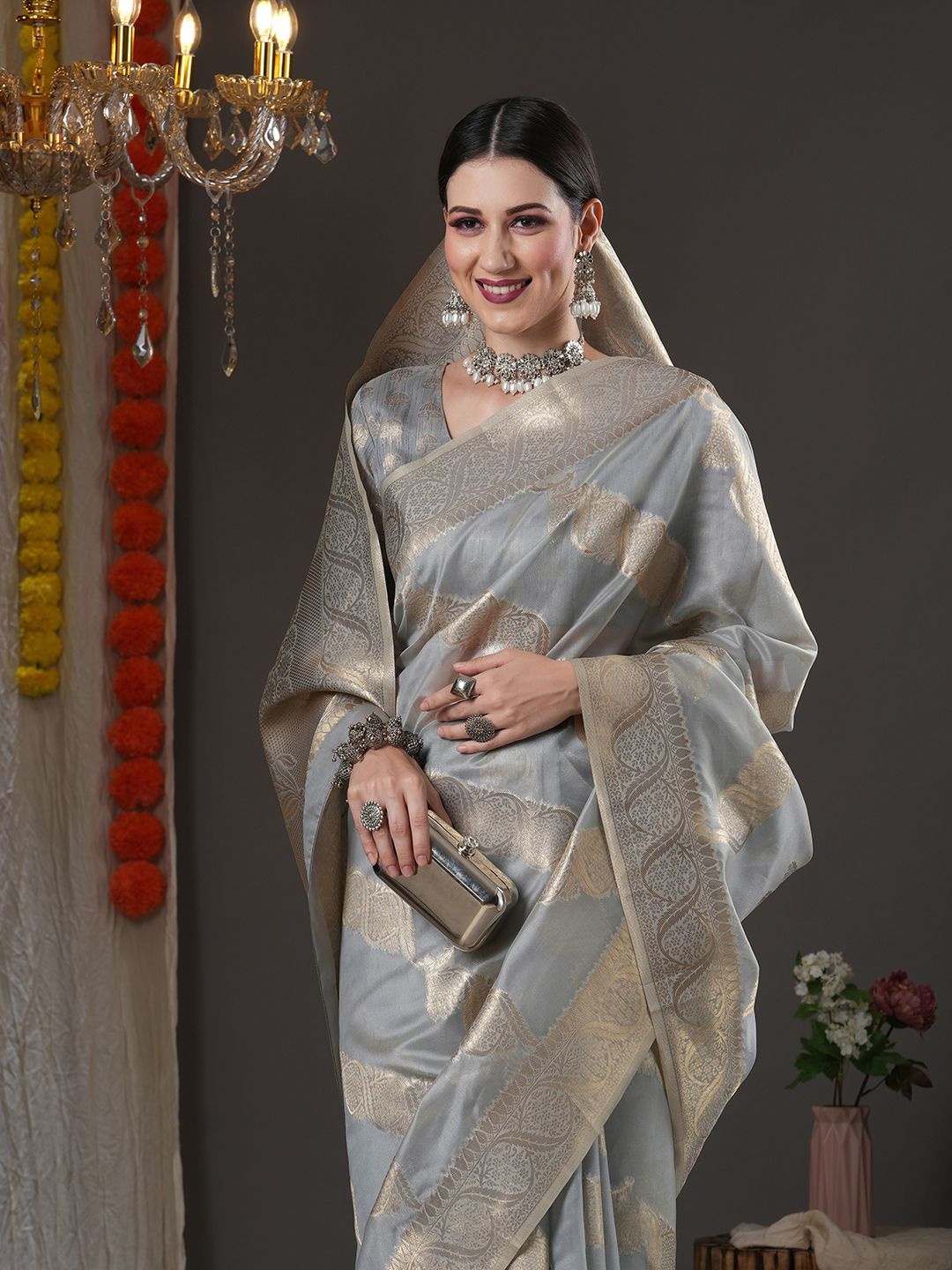 

Mitera Ethnic Motif Zari Woven Chanderi Saree, Grey