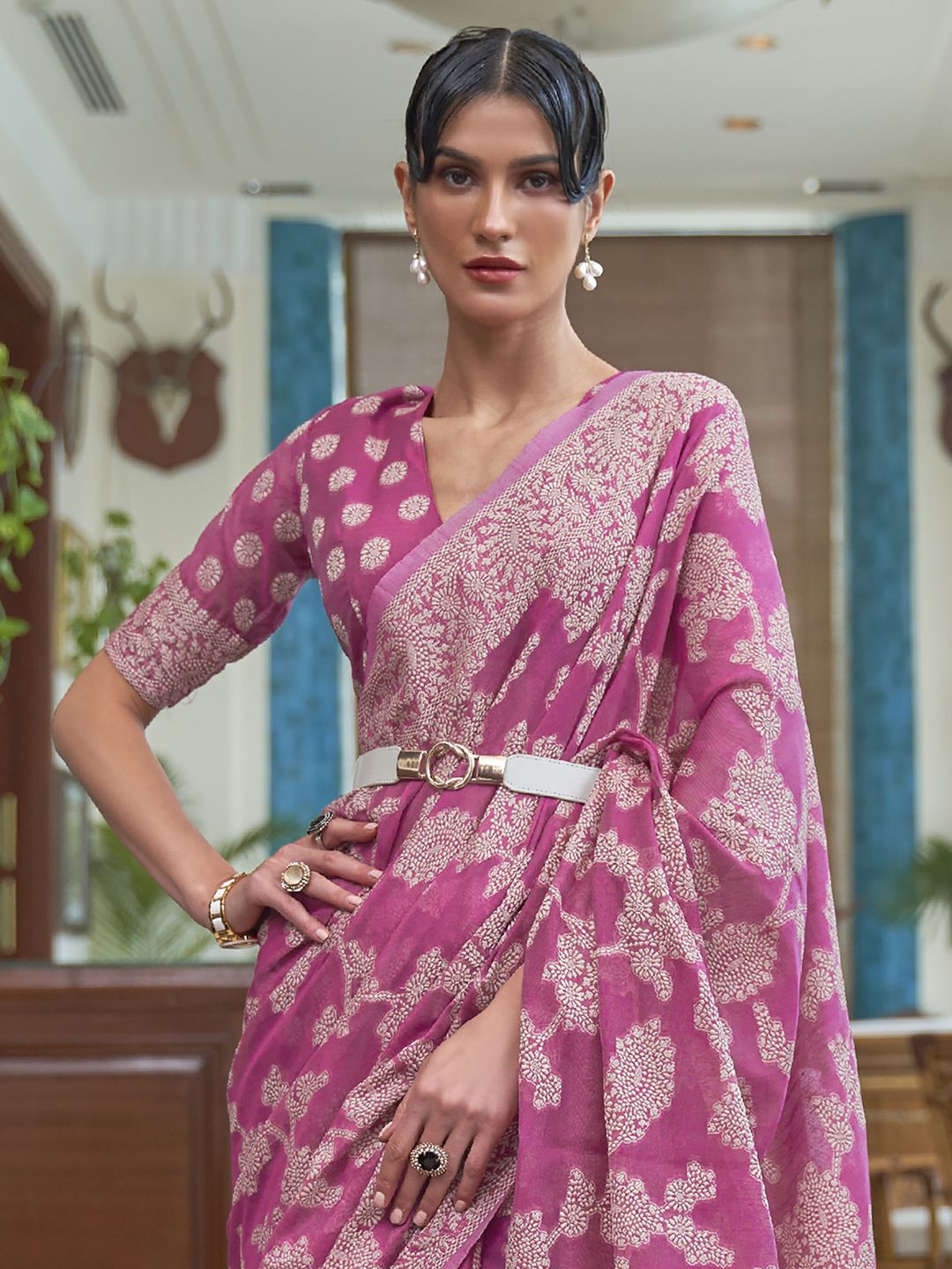 

Mitera Ethnic Motifs Zari Woven Muga Saree, Pink