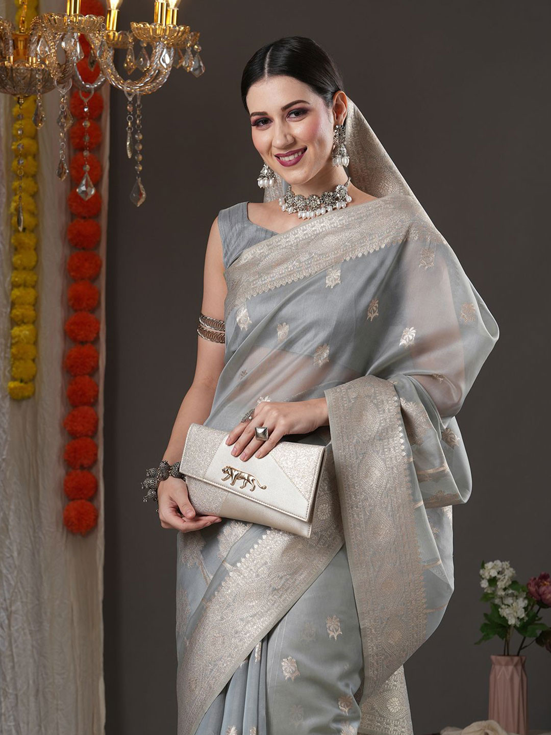 

Mitera Ethnic Motif Zari Woven Bagh Saree, Grey