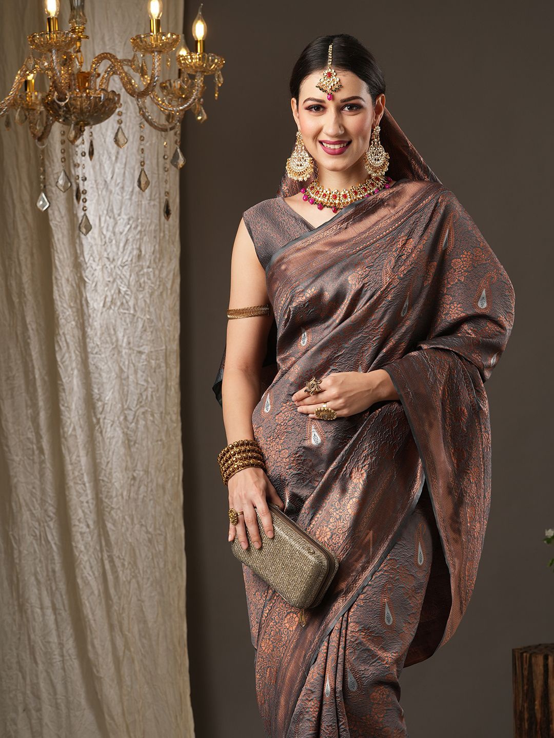 

Mitera Ethnic Motif Zari woven Dharmavaram Saree, Grey
