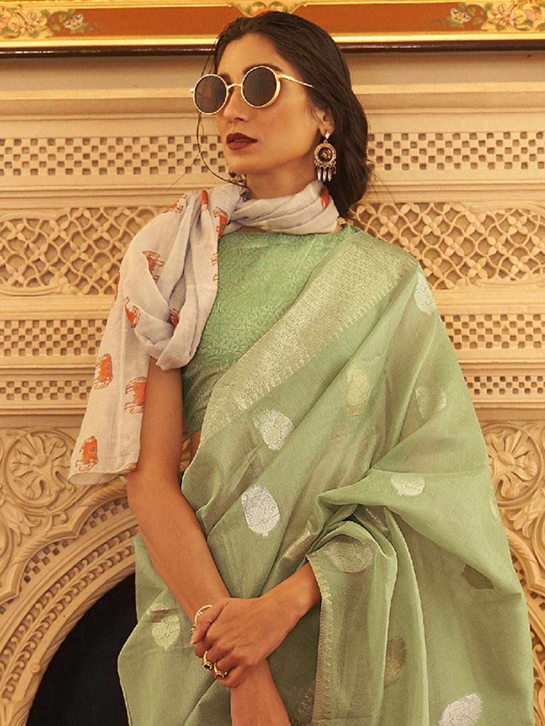 

Mitera Woven Design Zari Silk Blend Bagru Saree, Green