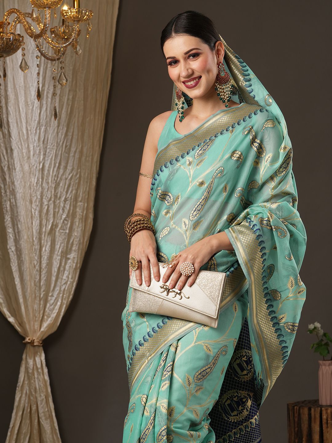 

Mitera Ethnic Motif Zari Woven Bagru Saree, Sea green