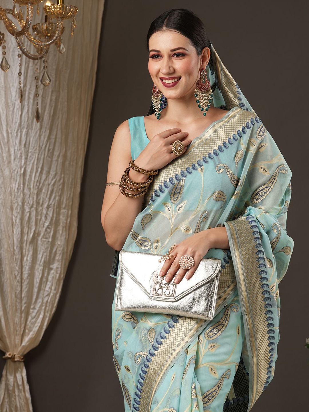 

Mitera Ethnic Motif Zari Woven Bagru Saree, Blue