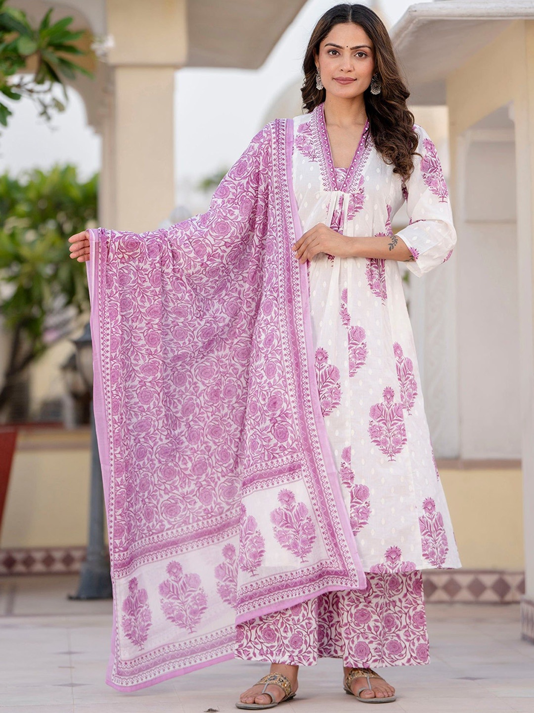 

KALINI Floral Printed Pleated Pure Cotton A-Line Kurta with Palazzos & Dupatta, Purple