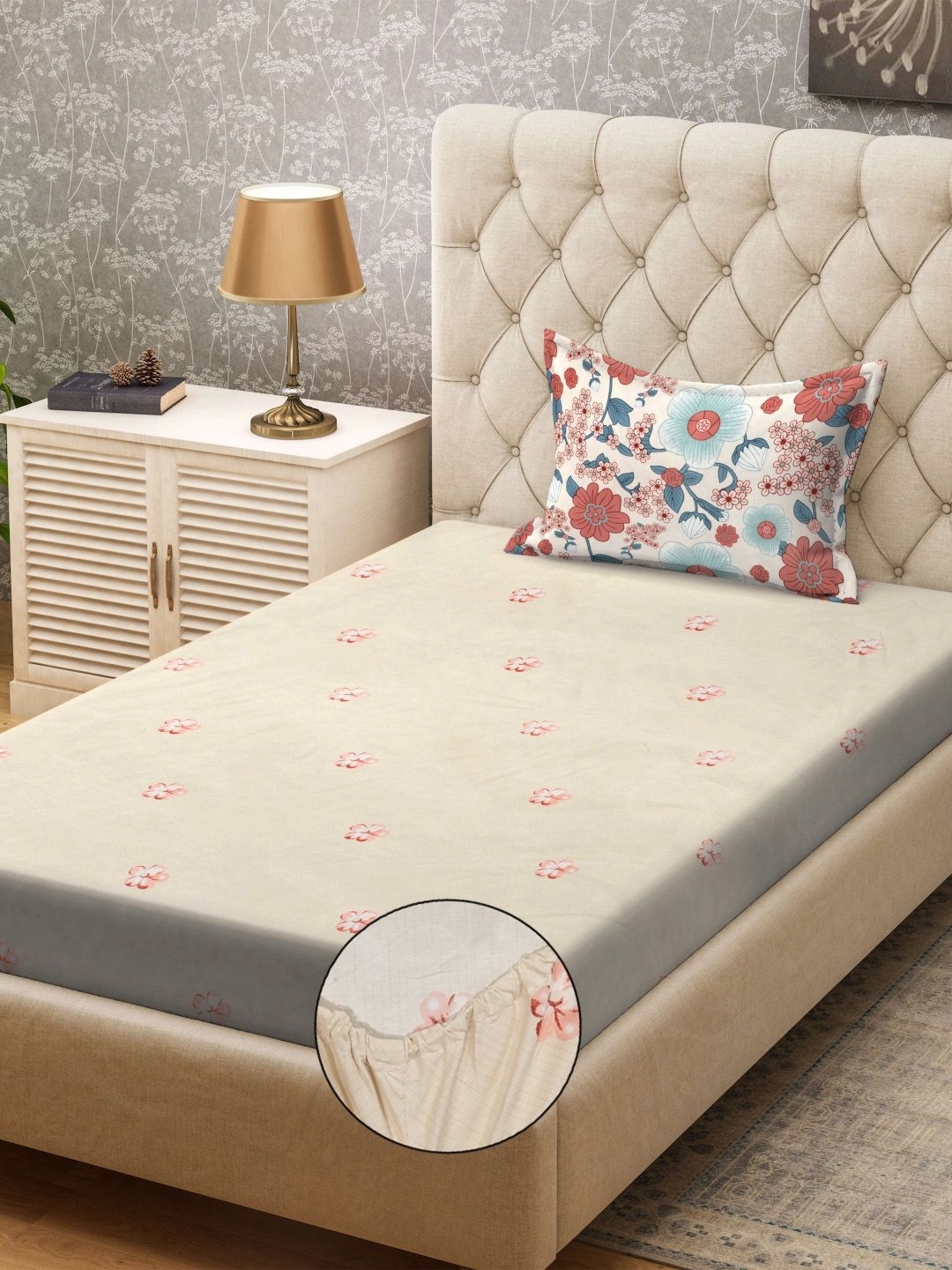 

KLOTTHE Beige & Pink Printed 300TC Single Bedsheet & Pillow Cover