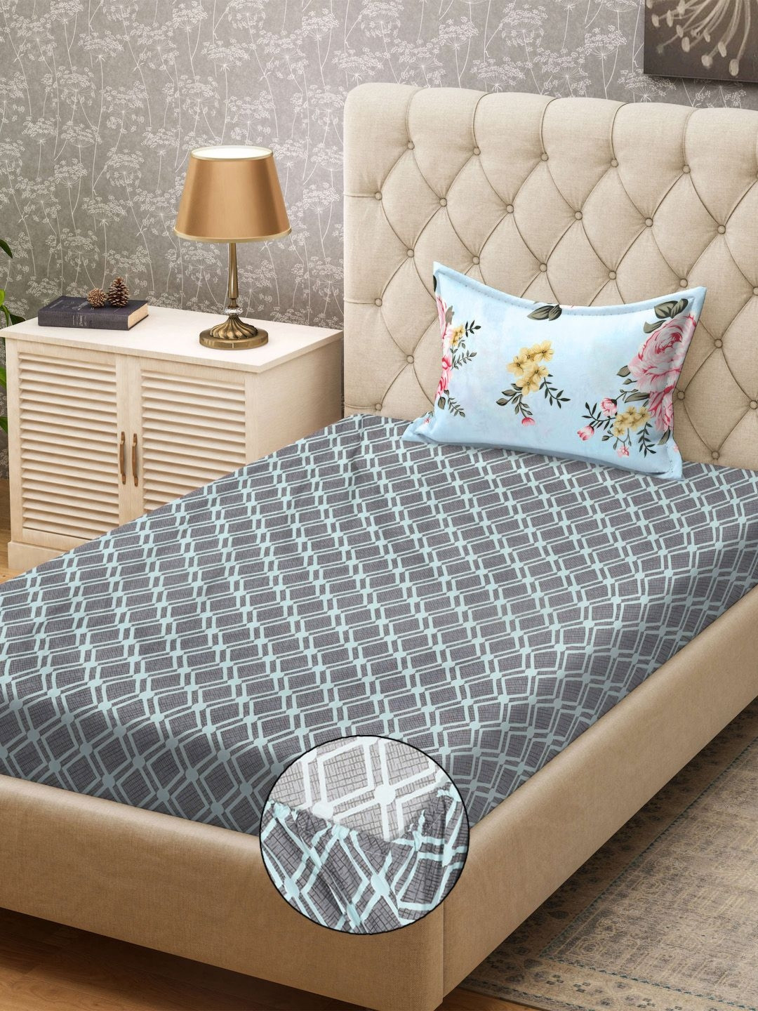 

KLOTTHE Grey & Blue Printed Fitted 300TC Single Bedsheet & Pillow Cover