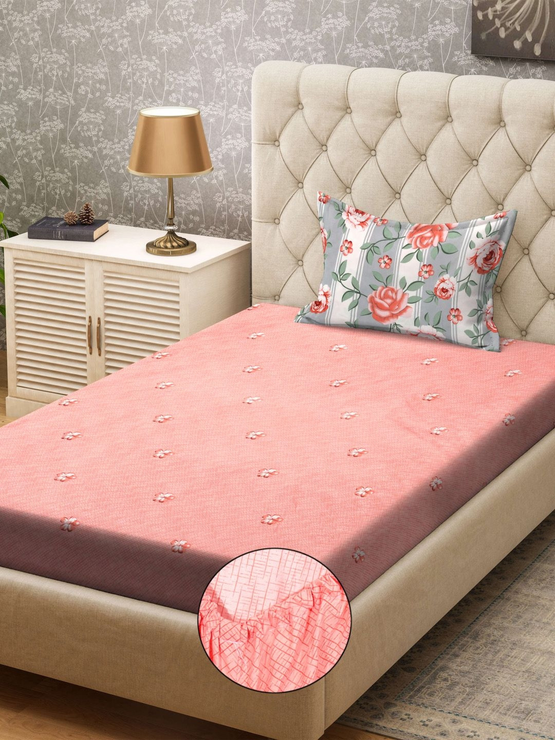 

KLOTTHE Pink & White Printed 300TC Single Bedsheet & Pillow Cover