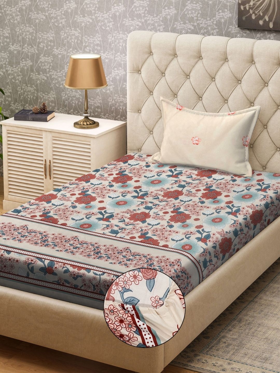 

KLOTTHE Cream Colored & Rust Orange Printed Fitted 300TC Single Bedsheet & Pillow Cover