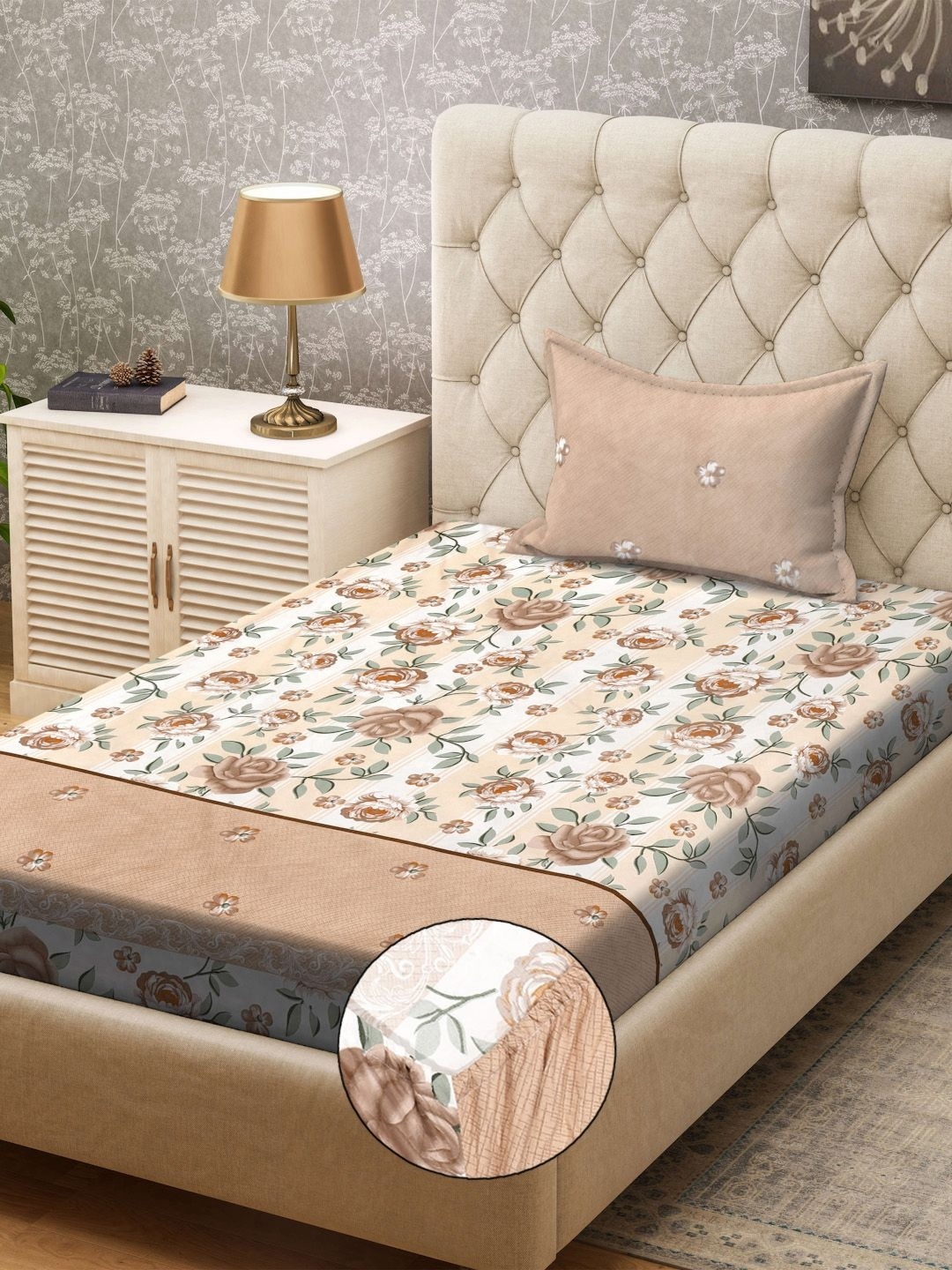 

KLOTTHE Cream & Brown Printed Fitted 300TC Single Bedsheet & Pillow Cover