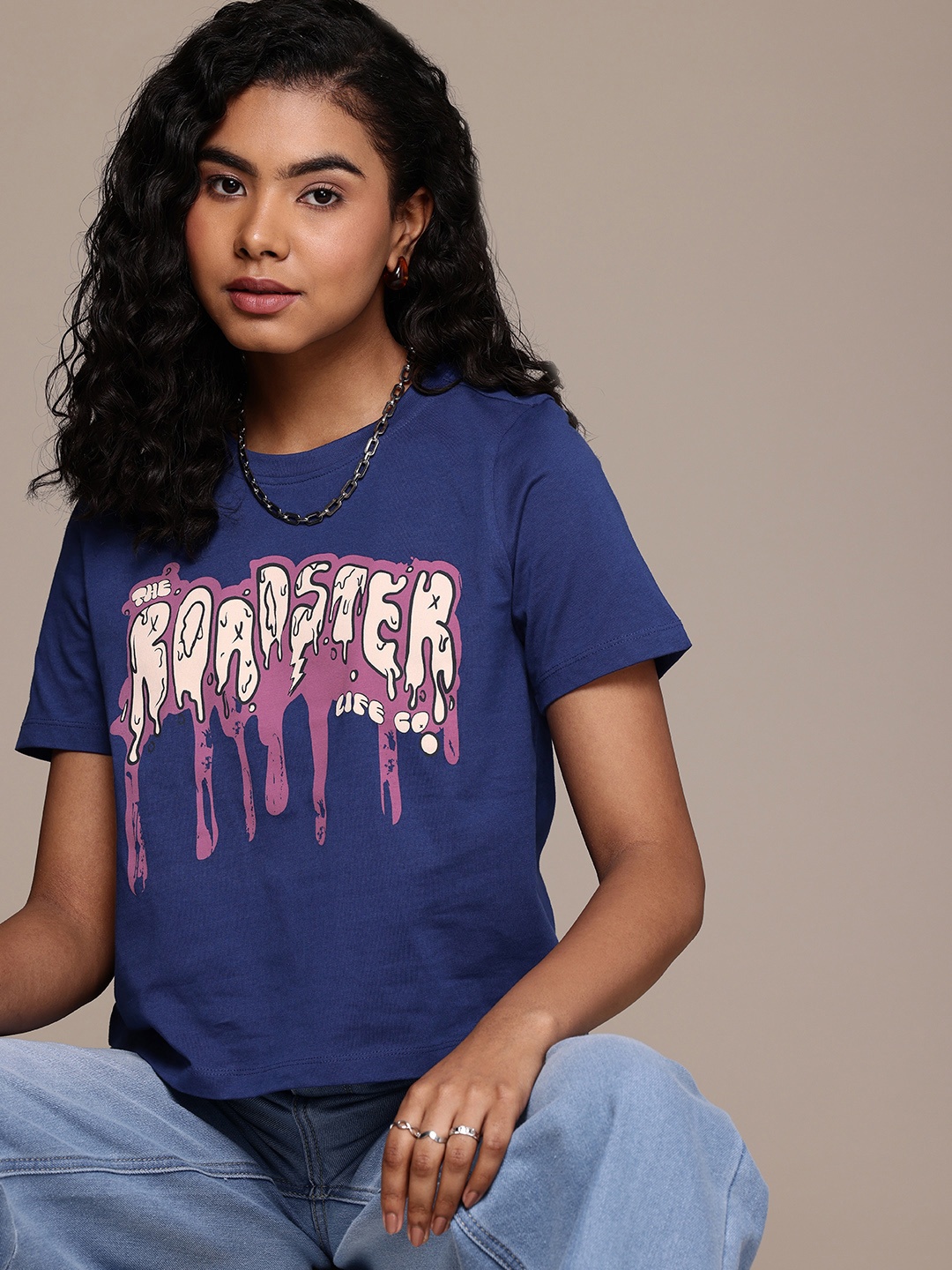 

The Roadster Life Co. Brand Logo Printed Pure Cotton T-shirt, Blue