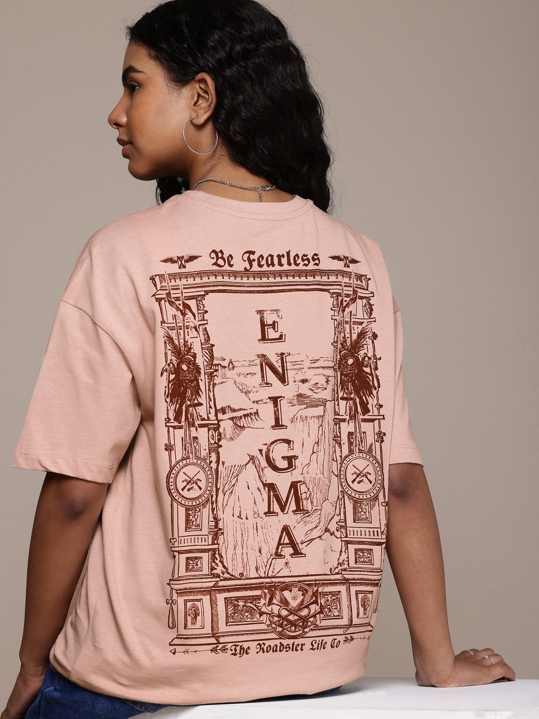 

The Roadster Life Co. Graphic Printed Drop-Shoulder Sleeves Pure Cotton Oversized T-shirt, Rose