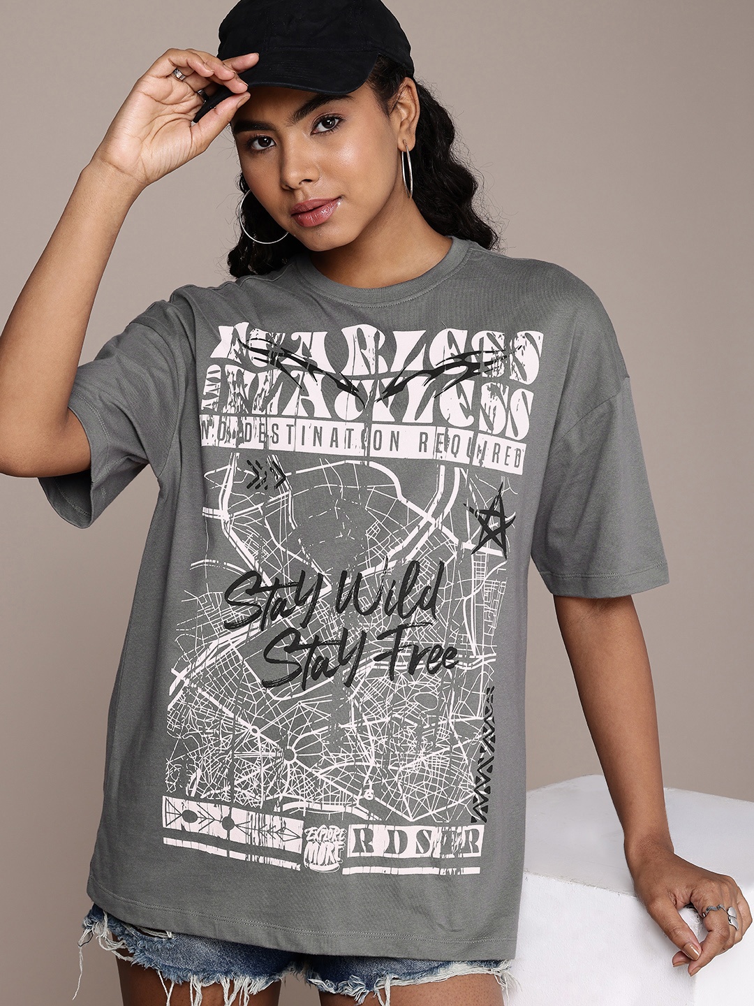 

The Roadster Life Co. Graphic Printed Drop-Shoulder Sleeves Pure Cotton Oversized T-shirt, Grey