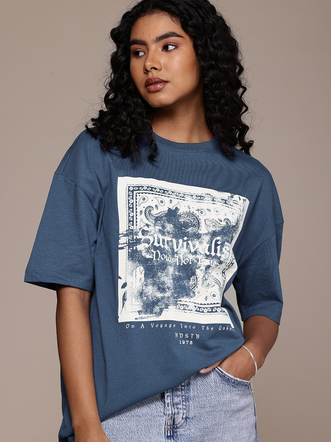 

The Roadster Life Co. Printed Drop-Shoulder Sleeves Pure Cotton Oversized T-shirt, Blue