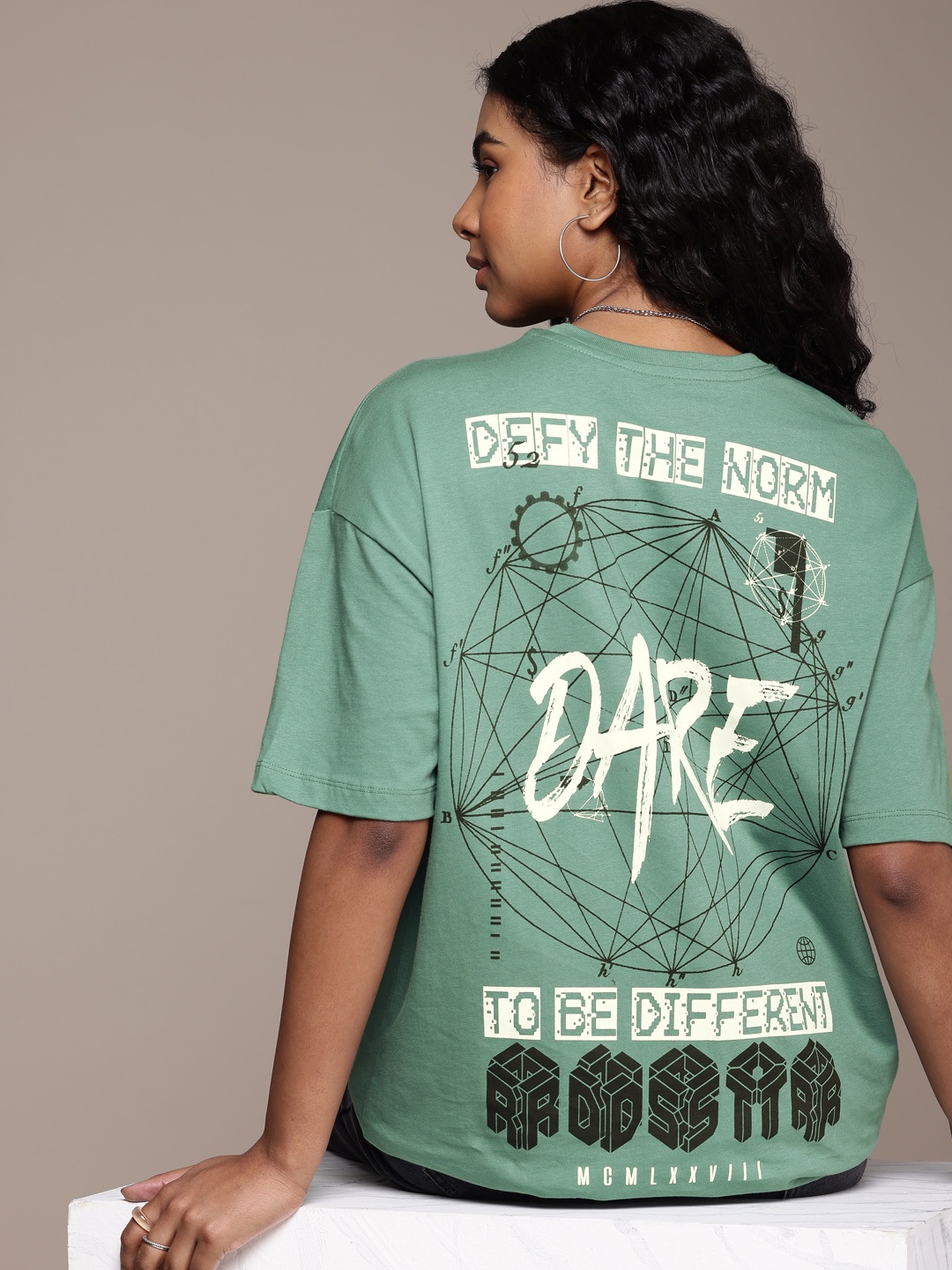 

The Roadster Life Co. Graphic Printed Drop-Shoulder Sleeves Oversized Pure Cotton T-shirt, Green