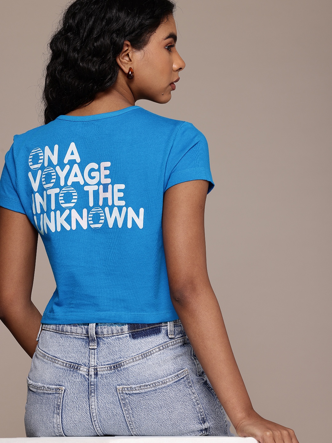 

The Roadster Life Co. Typography Printed Pure Cotton Crop T-shirt, Blue