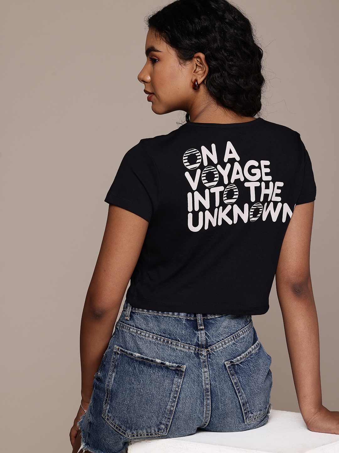 

The Roadster Life Co. Typography Printed Pure Cotton Crop T-shirt, Black