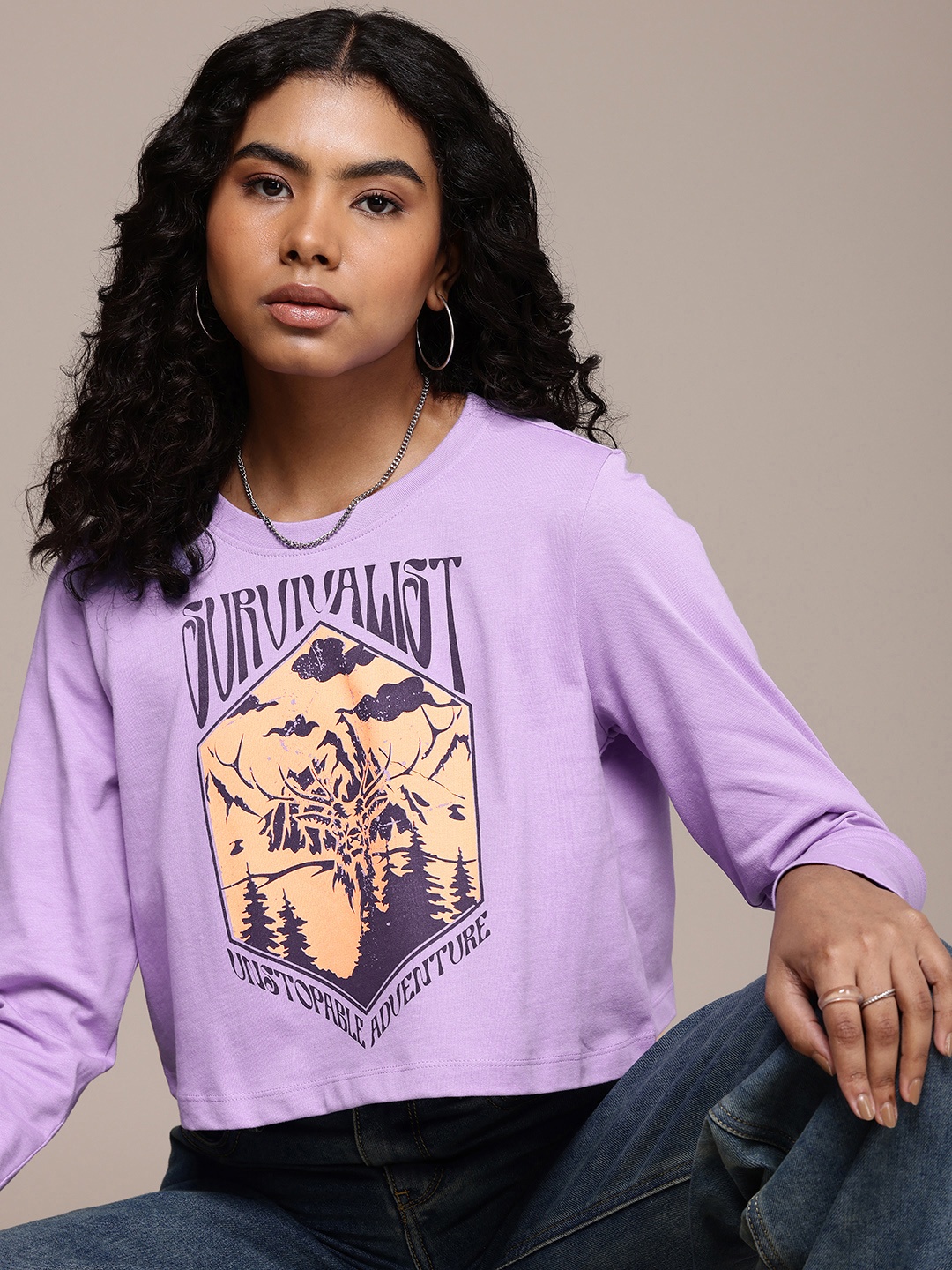 

The Roadster Life Co. Printed Pure Cotton Boxy T-shirt, Purple