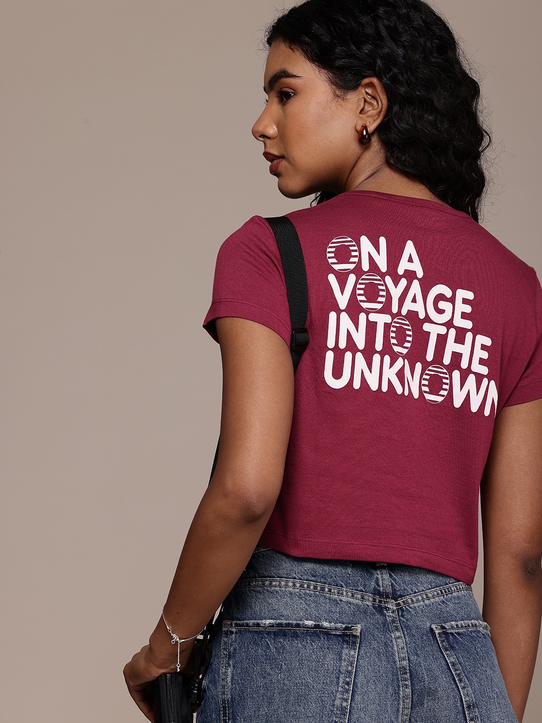 

The Roadster Life Co. Typography Printed Pure Cotton Crop T-shirt, Burgundy