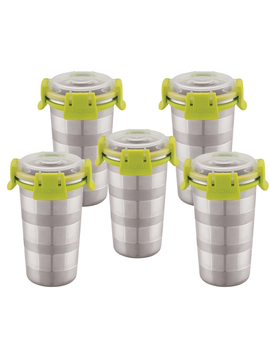 

MAGNUS Silver Toned 5 Pcs Dishwasher Safe Glossy Stainless Steel Tumblers 350 ml Each