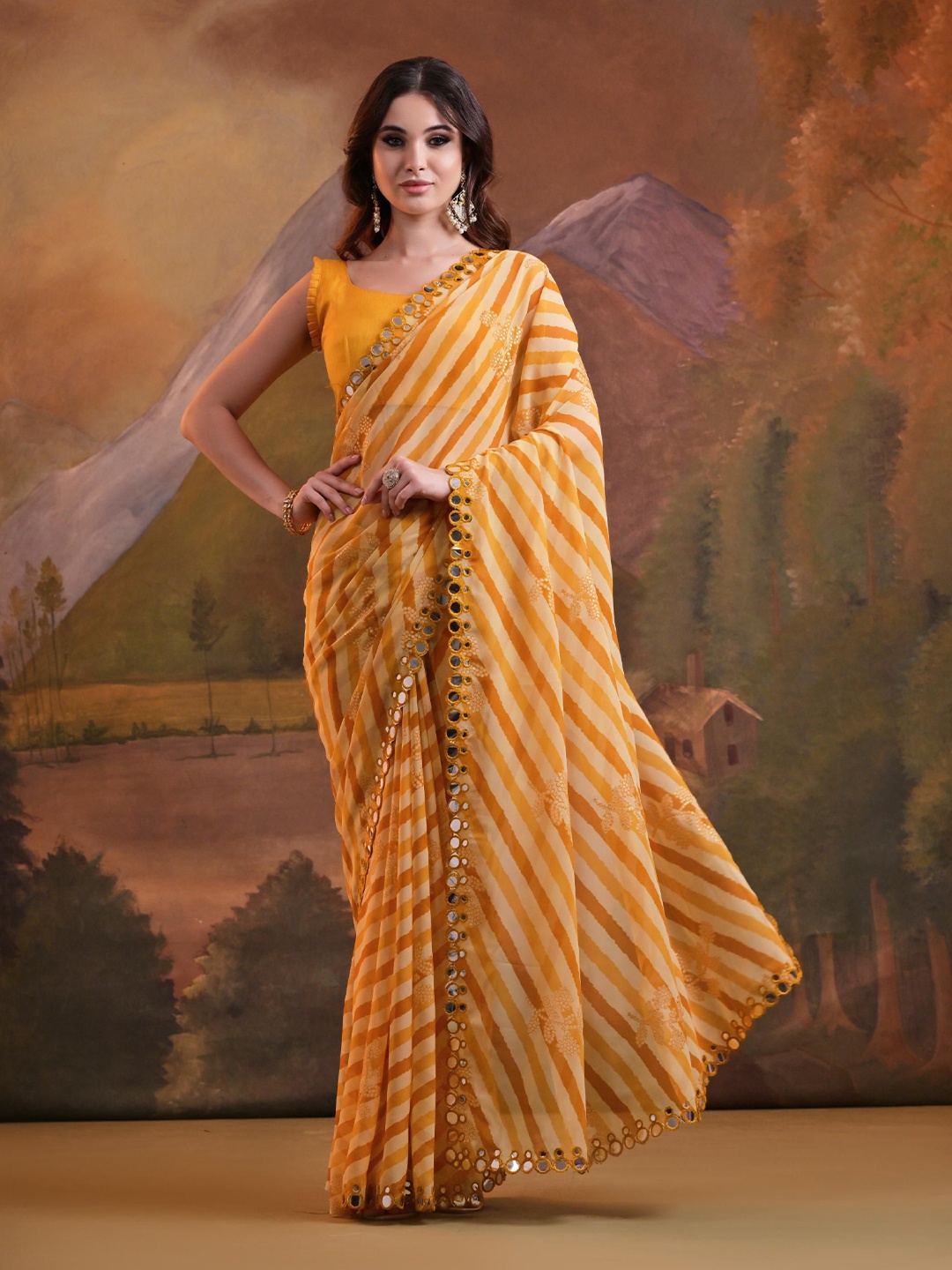 

Mitera Leheriya Mirror Work Sequinned Pure Georgette Saree, Yellow