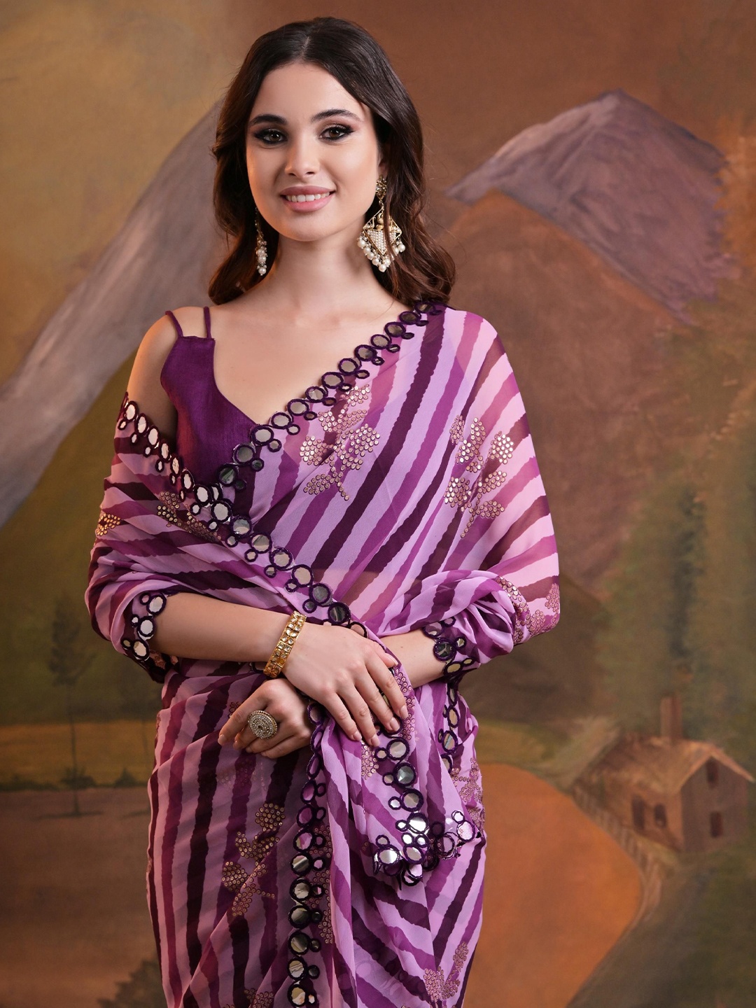 

Mitera Leheriya Mirror Work Sequinned Pure Georgette Saree, Purple