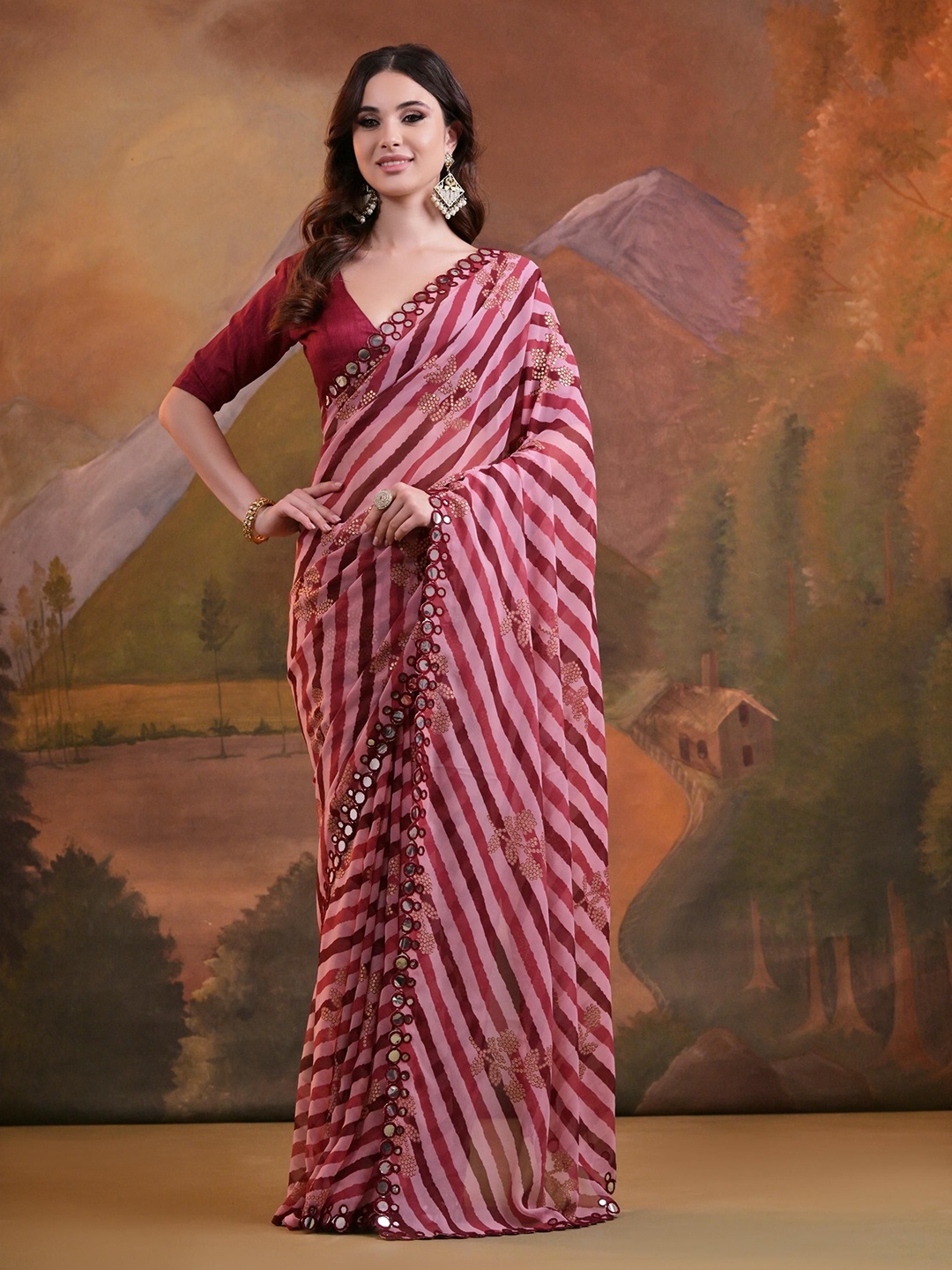 

Mitera Leheriya Mirror Work Sequinned Pure Georgette Saree, Pink