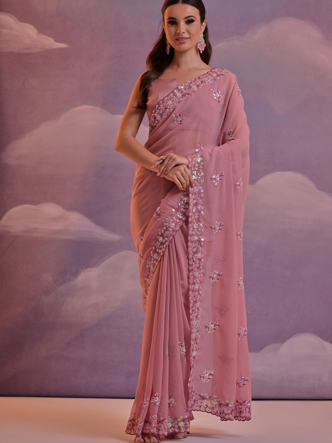 

Mitera Ethnic Embroidered Sequinned Pure Georgette Saree, Pink
