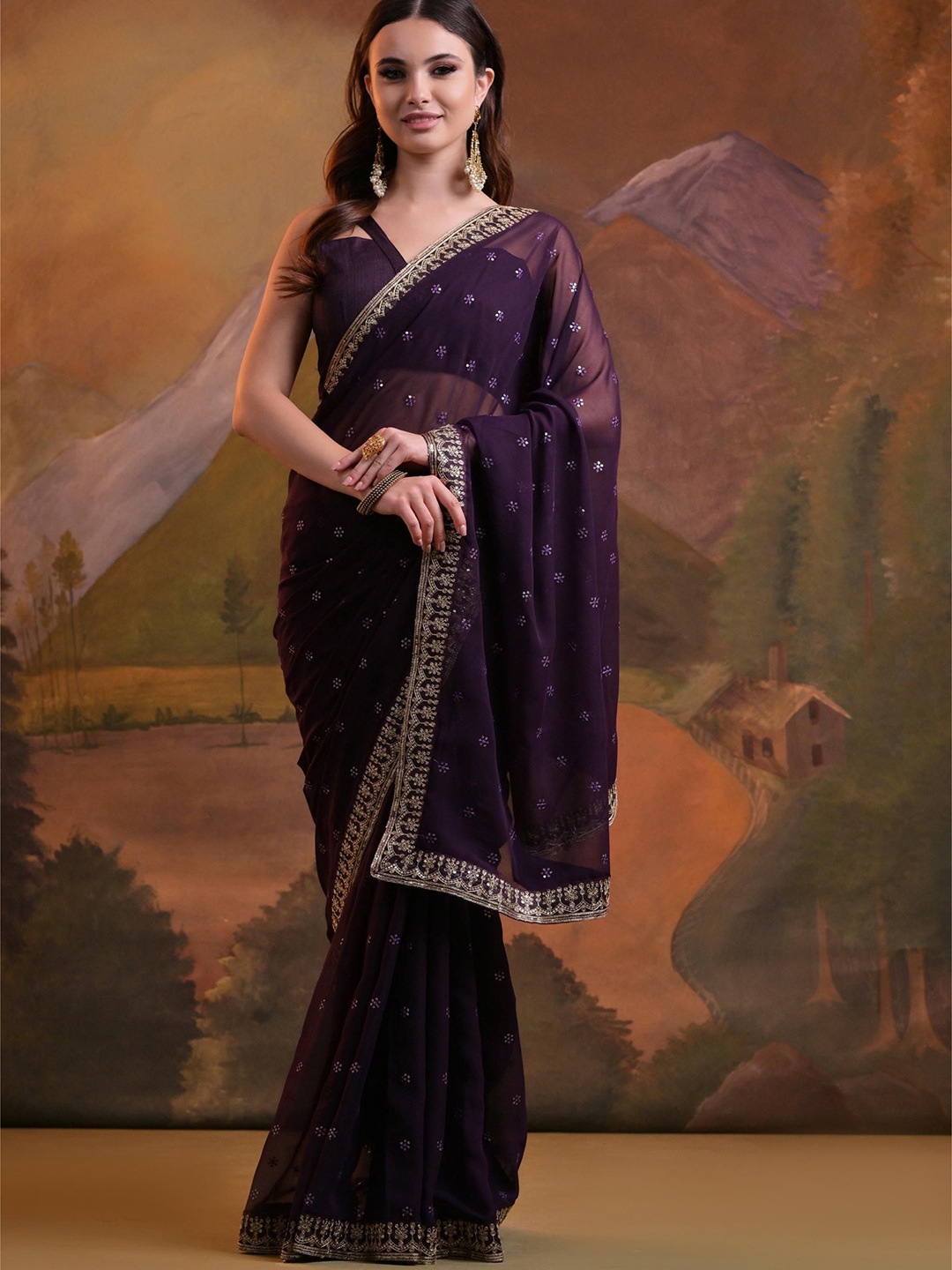 

Mitera Embroidered Embellished Sequinned Pure Georgette Saree, Purple