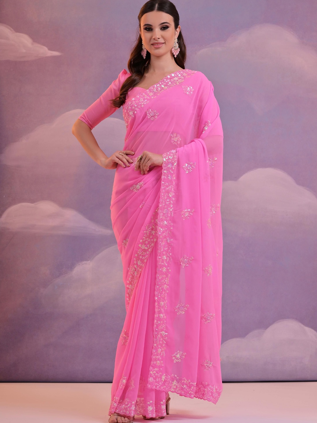 

Mitera Ethnic Embroidered Sequinned Pure Georgette Saree, Pink