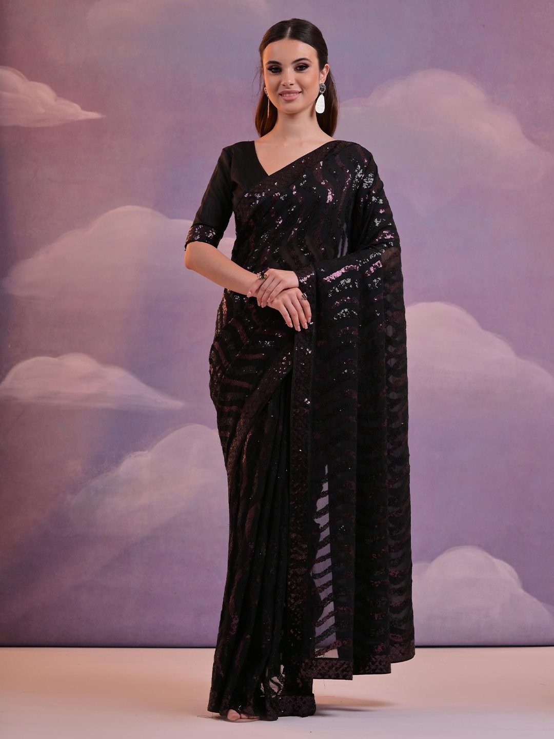 

Mitera Embellished Sequinned Pure Georgette Saree, Black