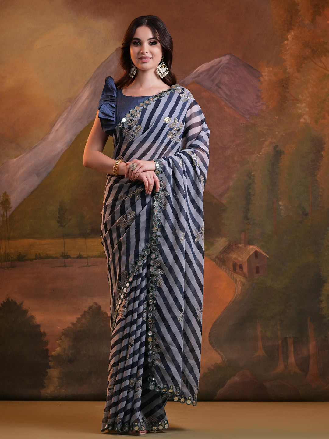 

Mitera Striped Mirror Work Sequinned Pure Georgette Designer Saree, Navy blue