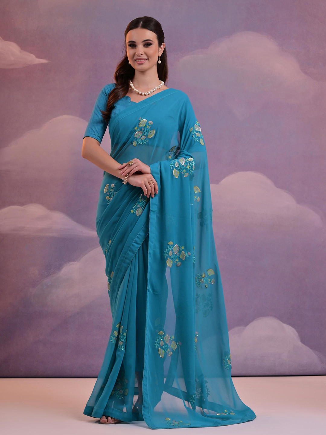 

Mitera Embellished Sequinned Pure Georgette Saree, Blue