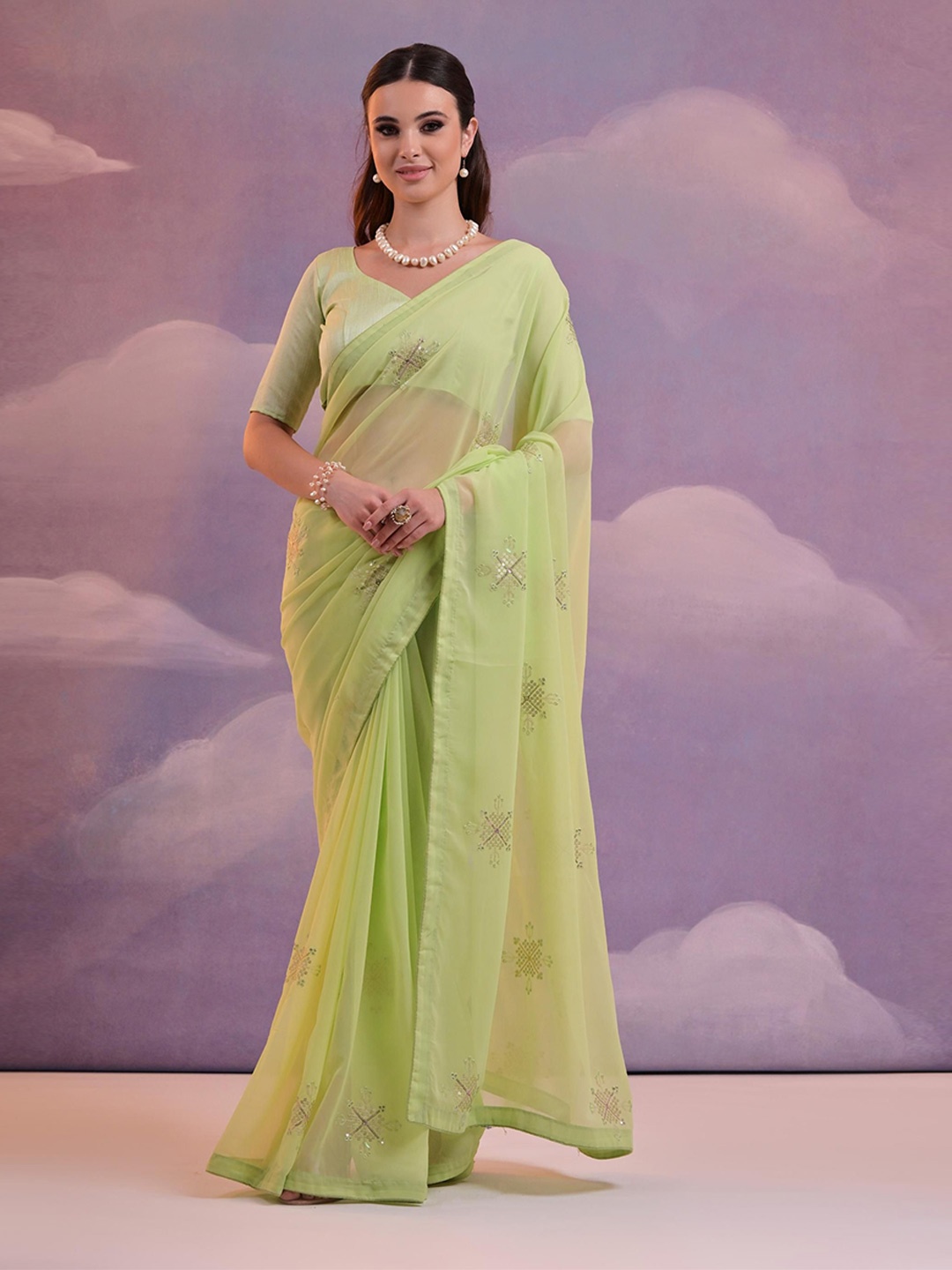 Mitera Embellished Sequinned Pure Georgette Saree, Sea green