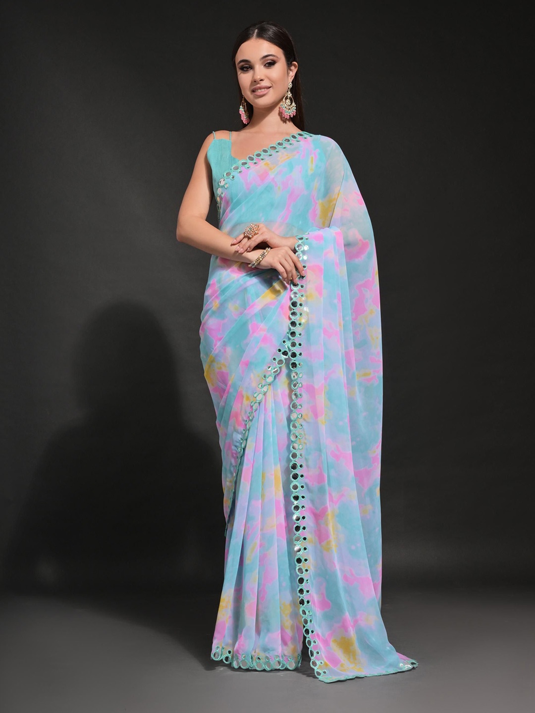 Mitera Tie & Dye Mirror Work Pure Georgette Saree, Blue