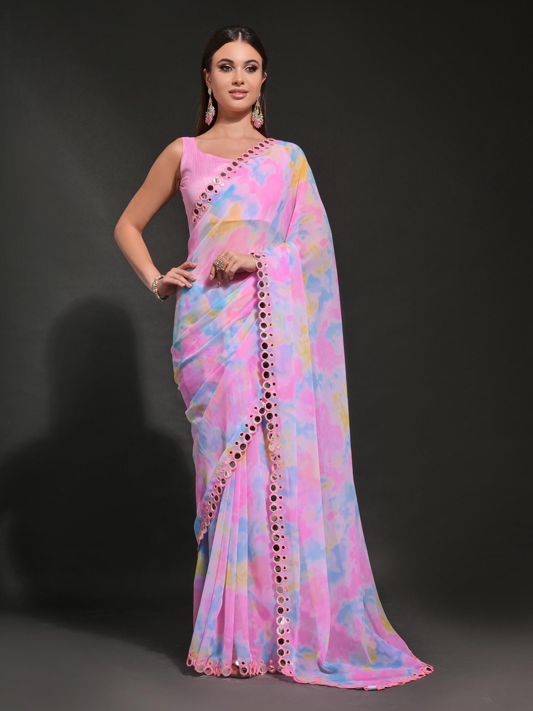 Mitera Tie & Dye Mirror Work Pure Georgette Saree, Pink