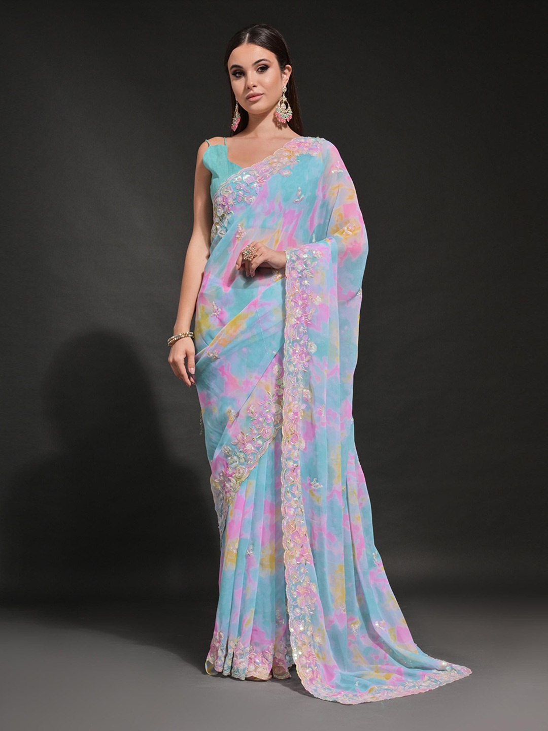 

Mitera Tie & Dye Sequinned Pure Georgette Saree, Blue