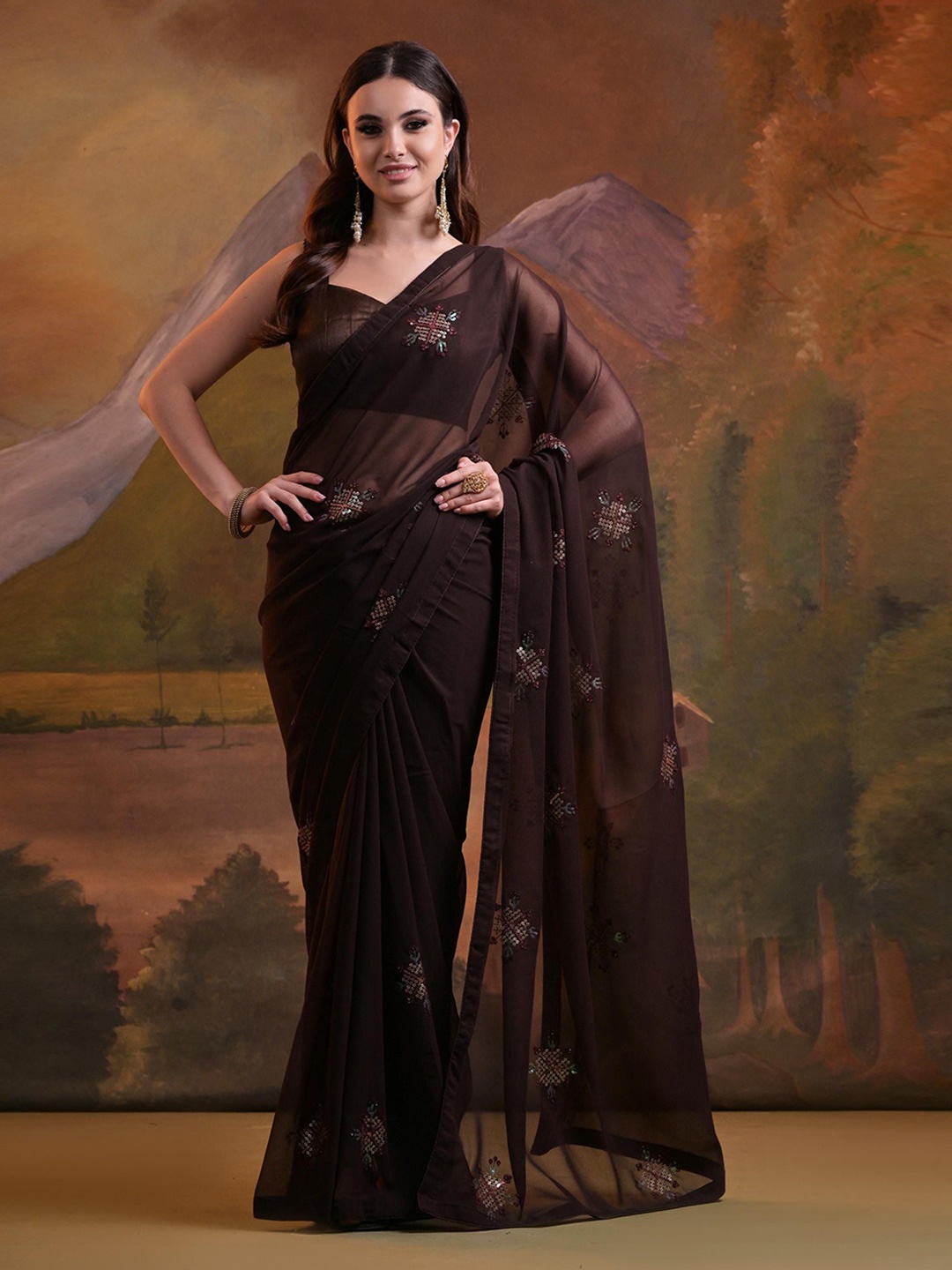 

Mitera Sequinned Pure Georgette Saree, Brown