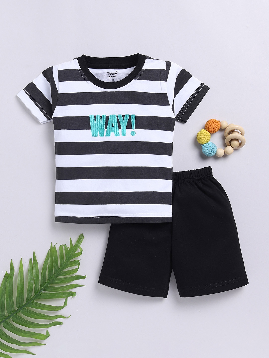 

Toonyport Boys Striped Pure Cotton T-shirt with Shorts, Black