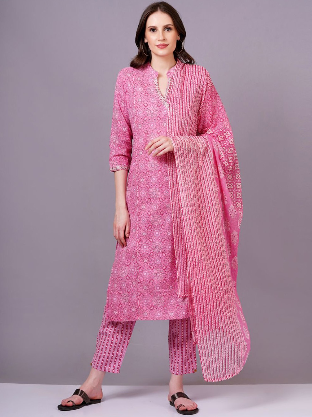 

JC4U Floral Printed Mandarin Collar Pure Cotton Straight Kurta With Trousers & Dupatta, Pink