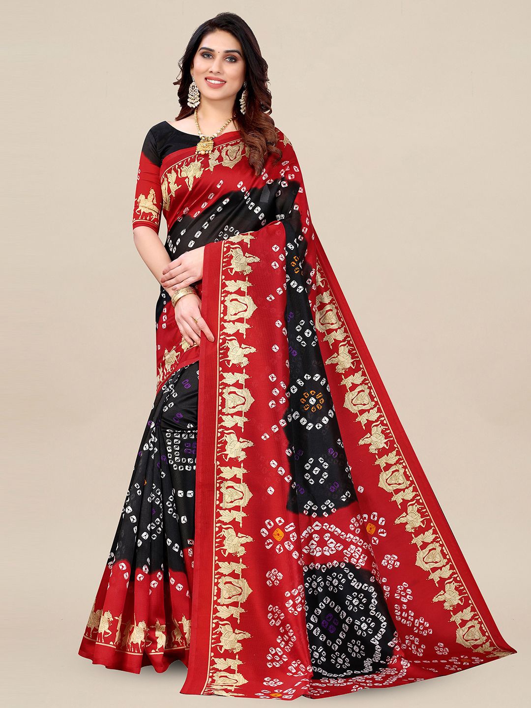 

KALINI Ethnic Motif Bandhani Saree with Blouse, Black