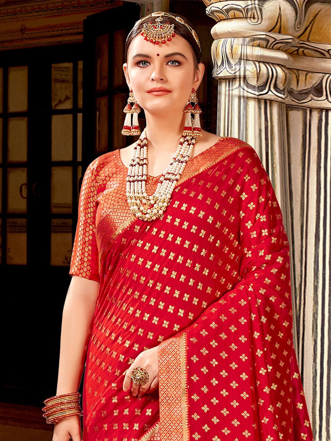 

KALINI Ethnic Motif Zari Woven Chanderi Saree, Red